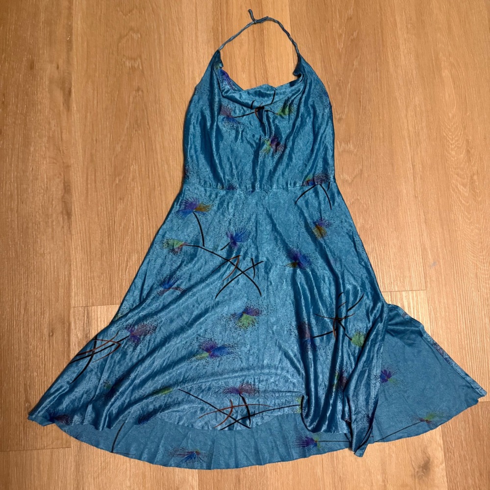 Vintage Jody T Y2K Blue Floral Halter Mini Dress Cowl Neck Fairy Garden Sz 9